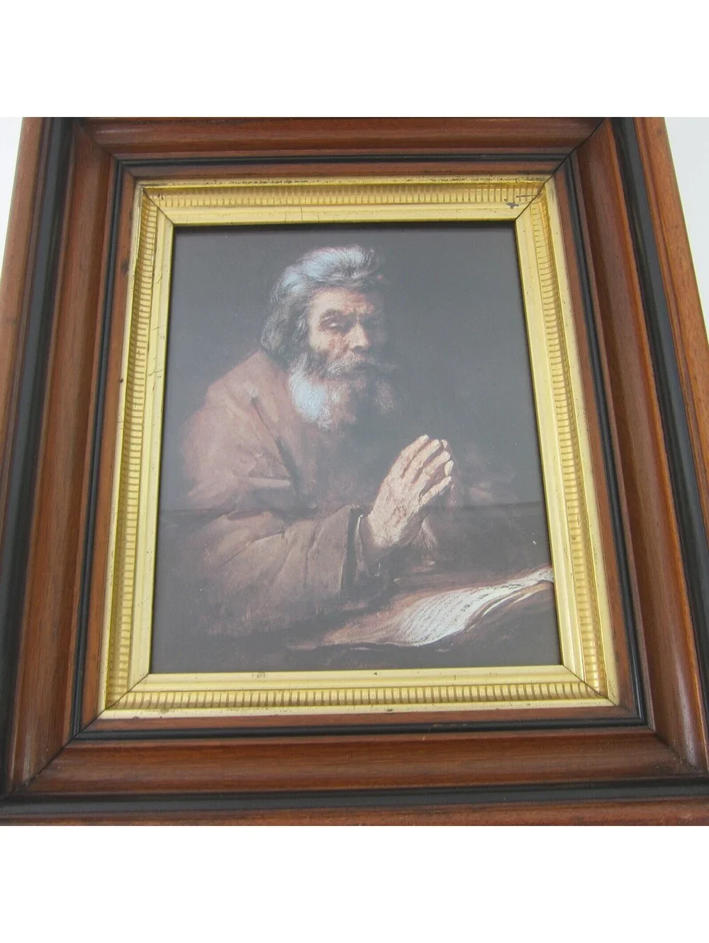 Antique Victorian Deep Picture Frame Walnut Wood Gold Gilt Old Man Praying Print